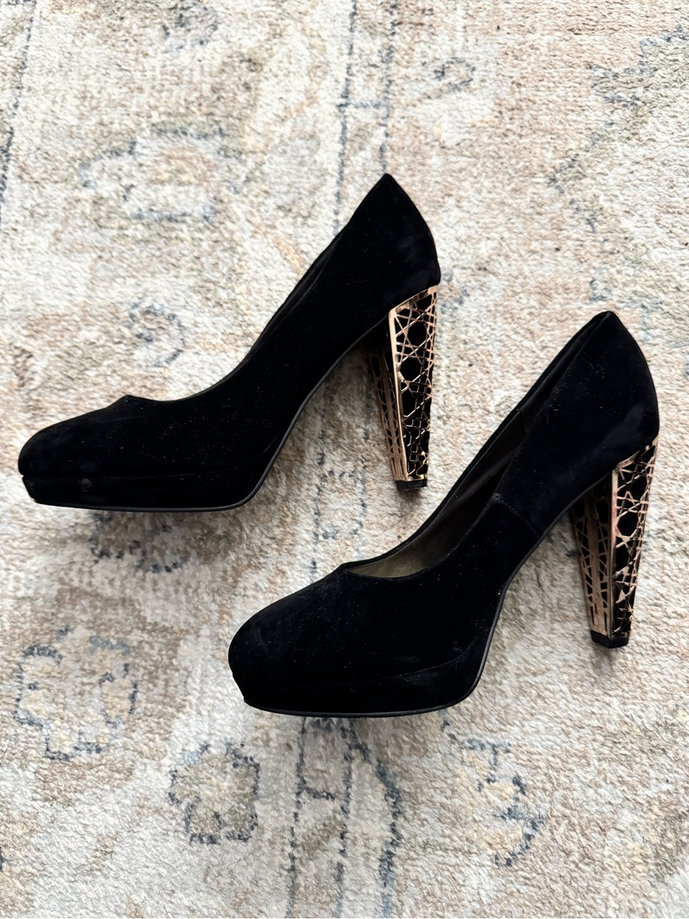 H&M Black Suede Gold Heel Round-Toe High Heels